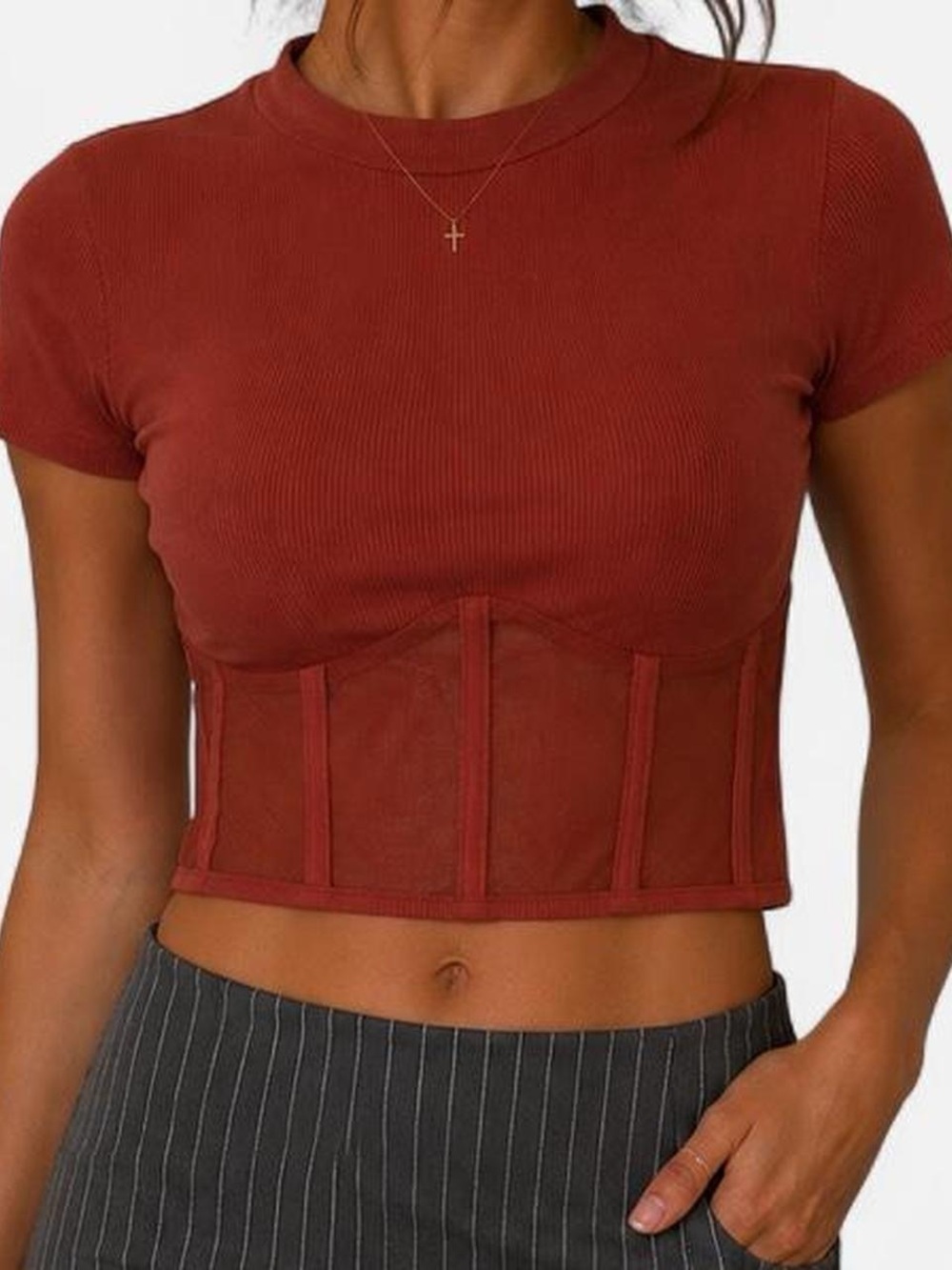 SHEIN Rust Ribbed Corset-Panel Crop Top